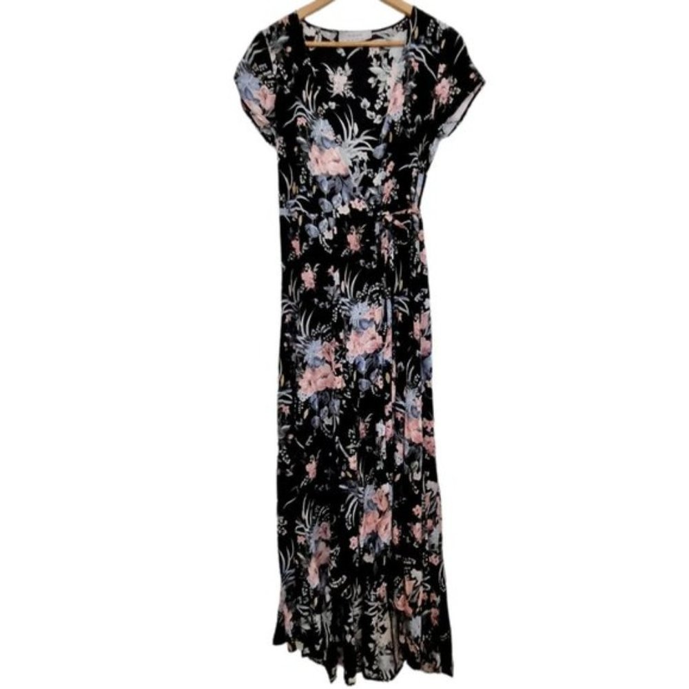 AUGUSTE Black Floral Wrap Around Maxi Short Sleeve Dress Front Tie Size AU 6